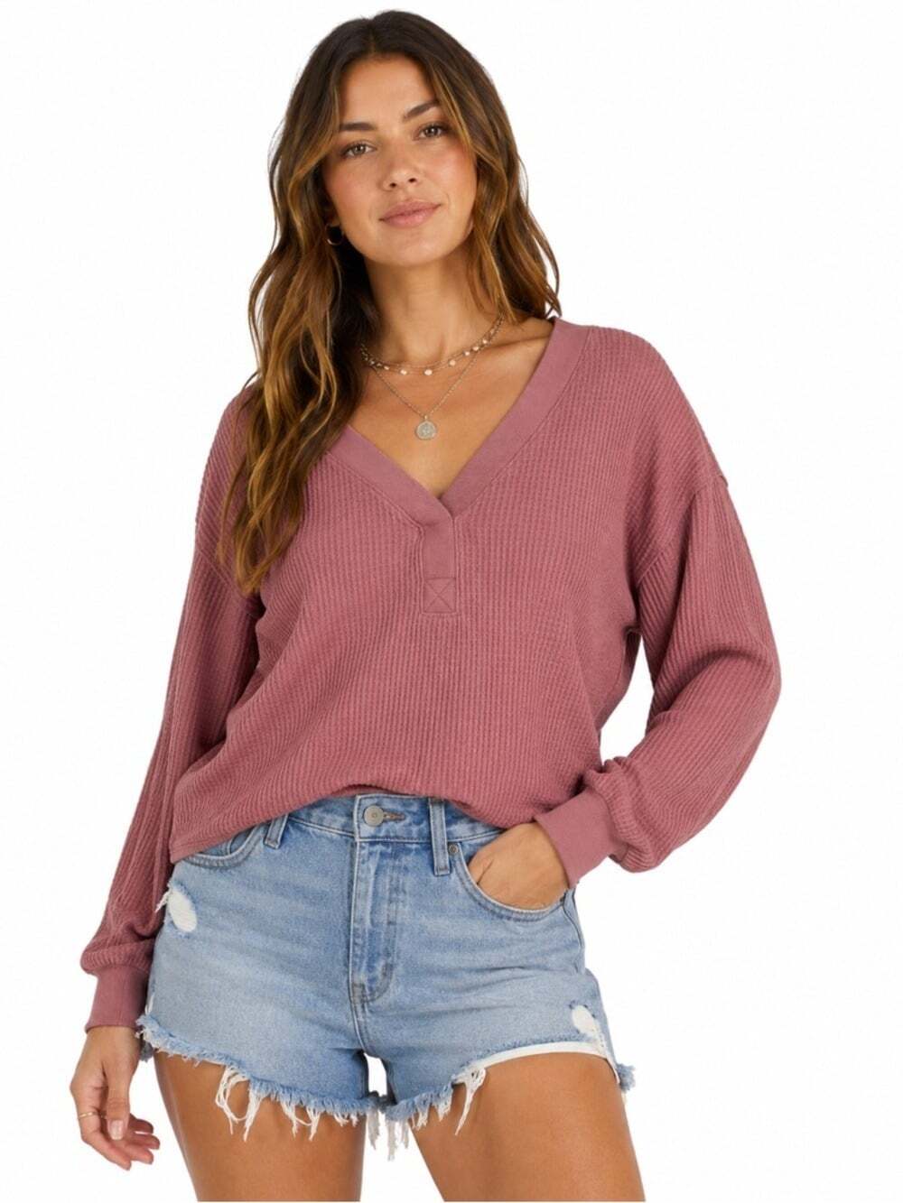Madewell Womens Pink Waffle knit Sweater Medium V-Neck Long Sleeve Pullover